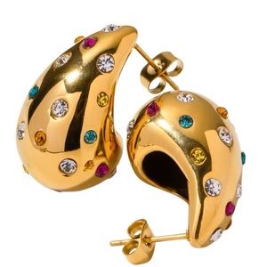 Stainless Steel 18K Gold Plated Colorful Rhinestone Chunky Tear Drop Earrings